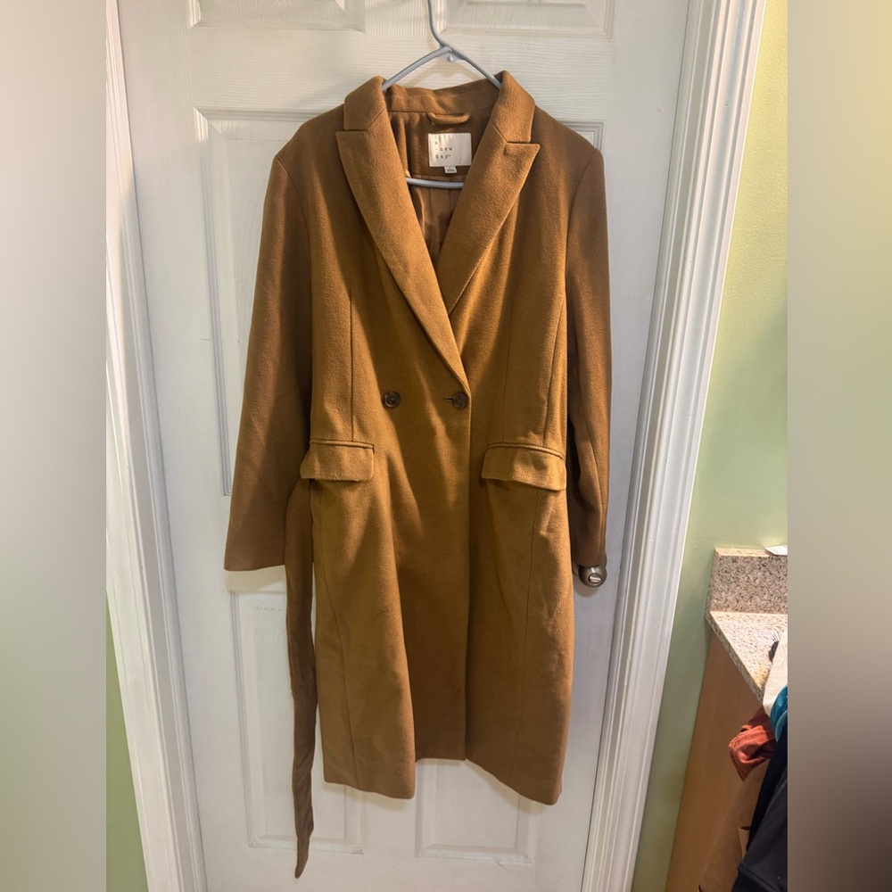 A New Day Camel Double Breasted Tie Waist Coat Size Medium - Picture 3 of 6